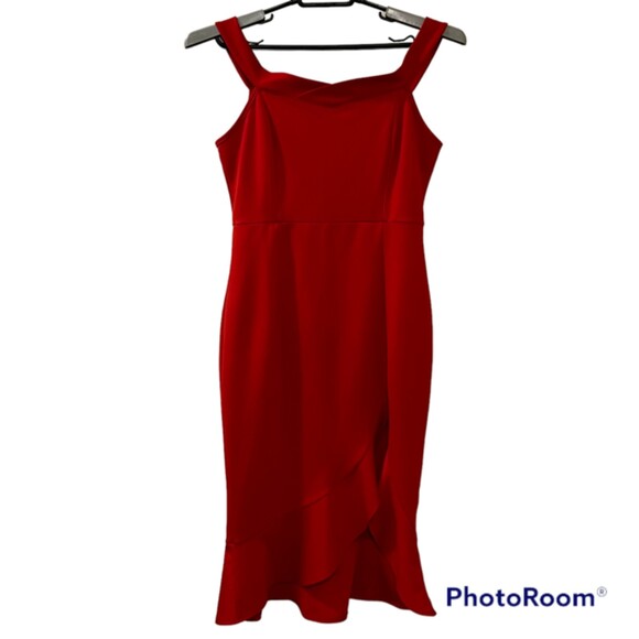 SHEIN Womens Red High-Low Asymmetric Salsa Ruffle Sheath Dress Back Zipper Sz M - Picture 1 of 12
